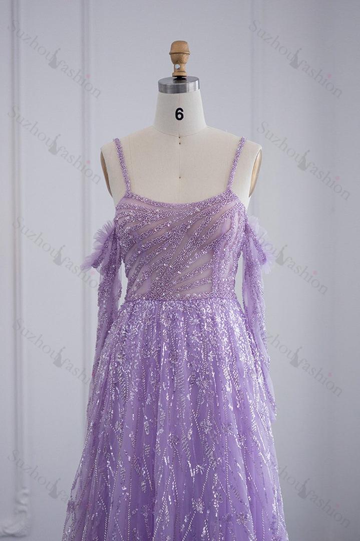 Purple A Line Prom Dress Long Sleeve Spaghetti Straps Sequined Formal Dress