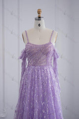 Purple A Line Prom Dress Long Sleeve Spaghetti Straps Sequined Formal Dress