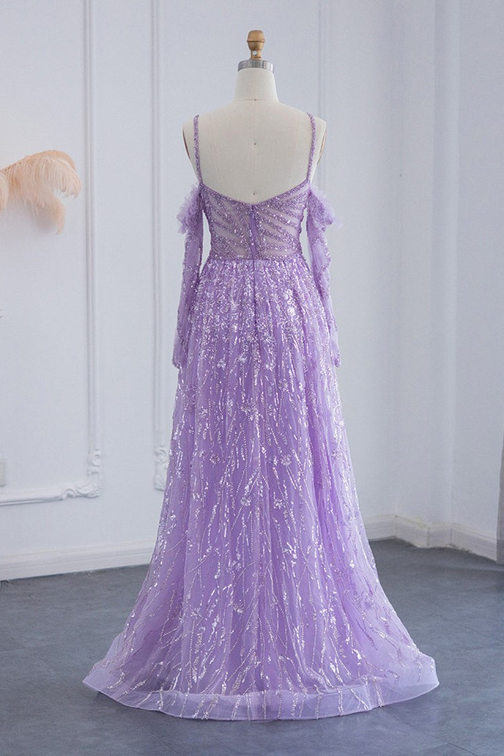Purple A Line Prom Dress Long Sleeve Spaghetti Straps Sequined Formal Dress