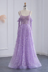 Purple A Line Prom Dress Long Sleeve Spaghetti Straps Sequined Formal Dress