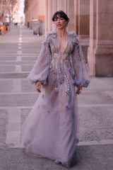 Purple A Line Prom Dress Long Sleeve V Neck Formal Dress With 3D Flowers