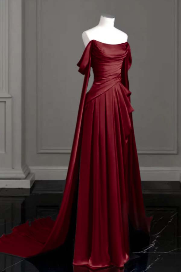 Purple A Line Prom Dress Off the Shoulder Satin Formal Dress