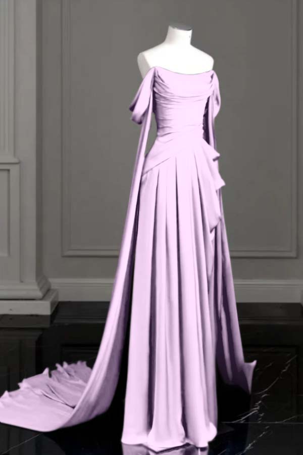 Purple A Line Prom Dress Off the Shoulder Satin Formal Dress