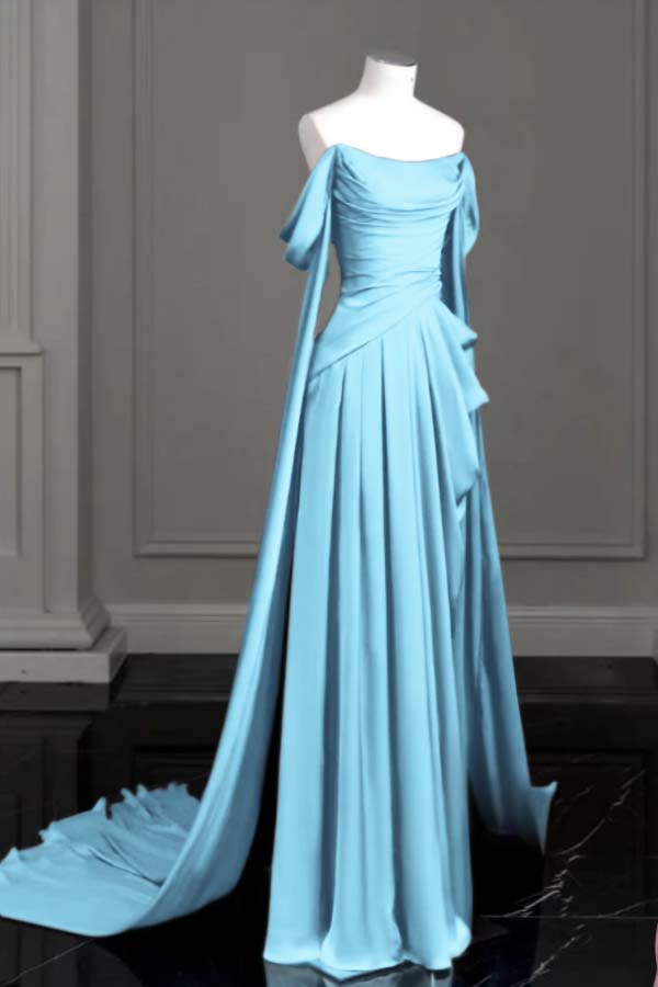 Purple A Line Prom Dress Off the Shoulder Satin Formal Dress
