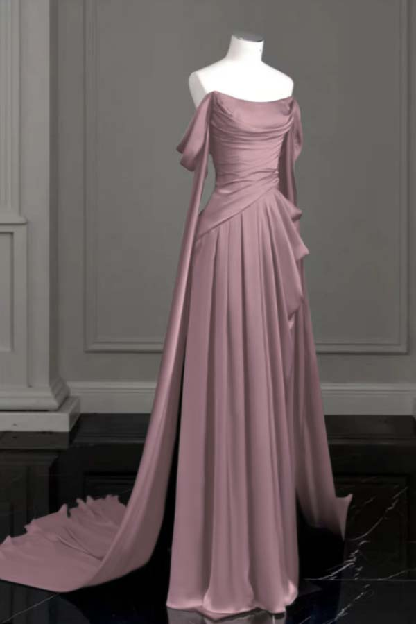 Purple A Line Prom Dress Off the Shoulder Satin Formal Dress