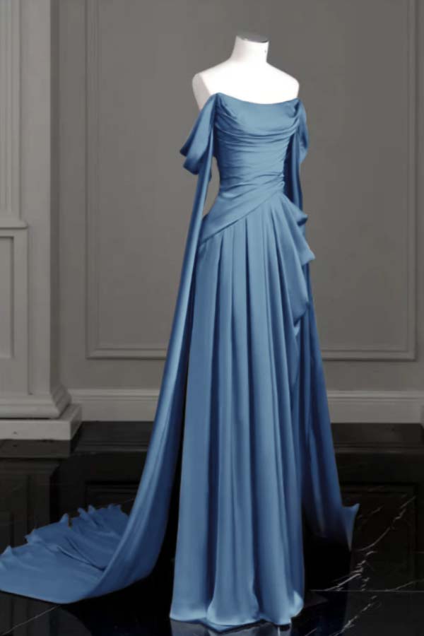 Purple A Line Prom Dress Off the Shoulder Satin Formal Dress
