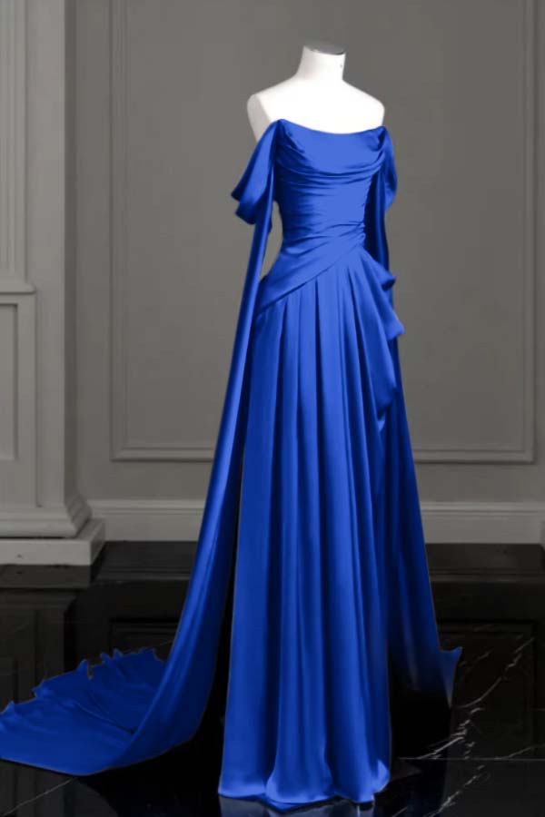 Purple A Line Prom Dress Off the Shoulder Satin Formal Dress