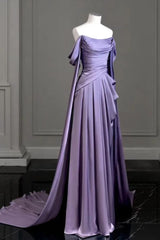 Purple A Line Prom Dress Off the Shoulder Satin Formal Dress