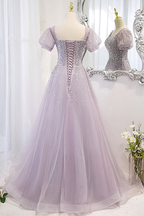 Purple A Line Prom Dress Short Sleeve Square Neck Beaded Formal Dress