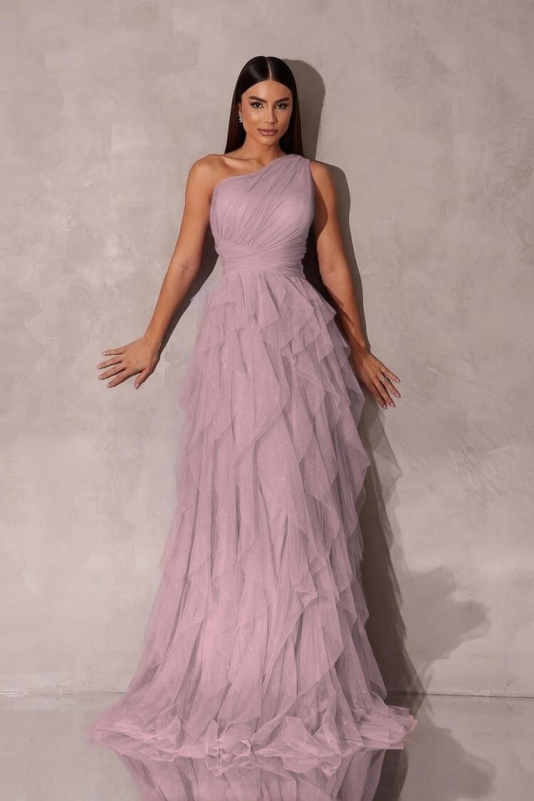 Purple A Line Prom Dress Sleeveless One Shoulder Formal Dress