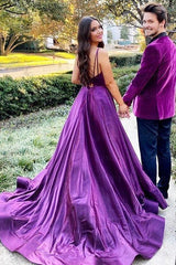 Purple A Line Prom Dress Sleeveless Spaghetti Straps Satin Formal Dress