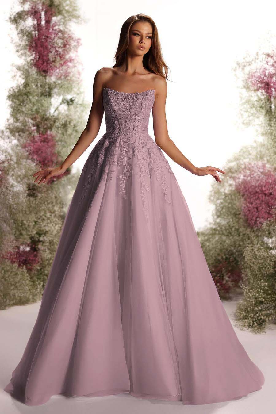 Purple A Line Prom Dress Sleeveless Strapless Formal Dress With Lace Appliques
