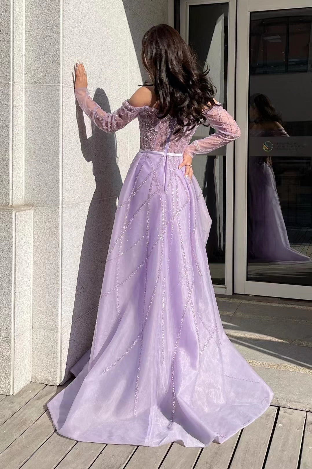 Purple Detachable Train Prom Dress Long Sleeve Off the Shoulder Beaded Formal Dress