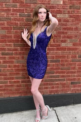 Purple Homecoming Dress Beaded Backless Sequin Tight Short Prom Dress