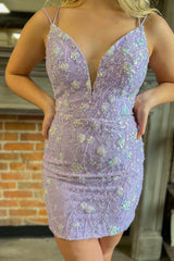 Purple Homecoming Dress Beaded Lace-Up Back Tight Short Prom Dress