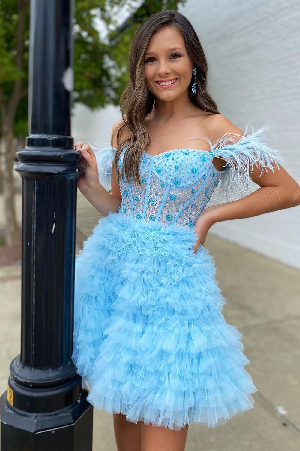 Purple Homecoming Dress Corset A-Line Short Cocktail Dresses with Feathers