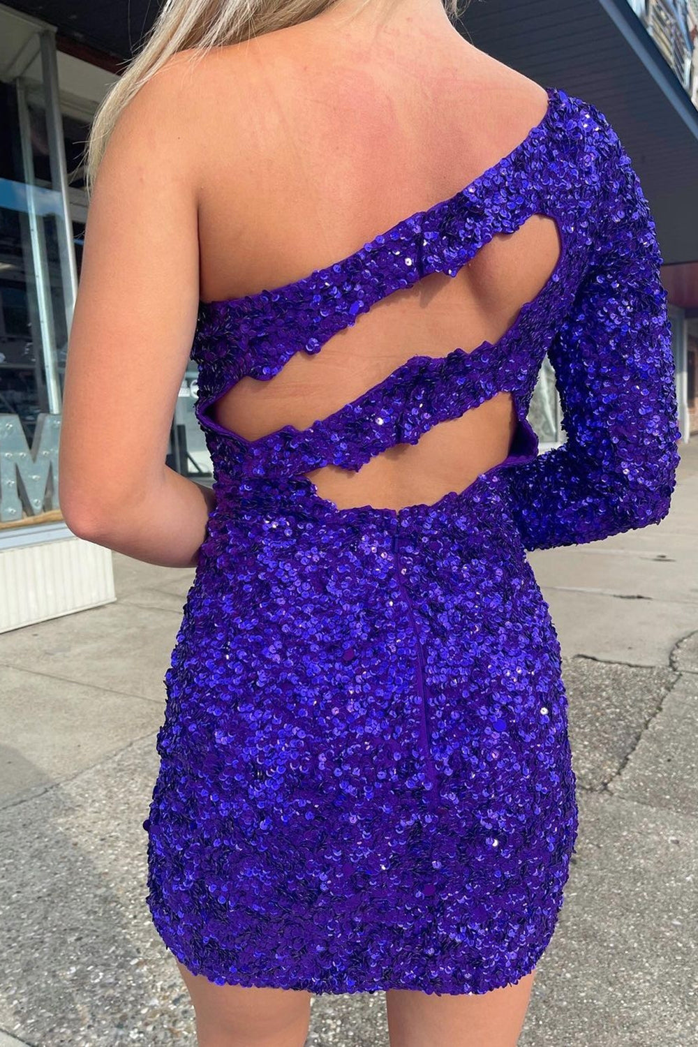 Purple Homecoming Dress Cut Out Open Back One Shoulder Sequin Prom Dress