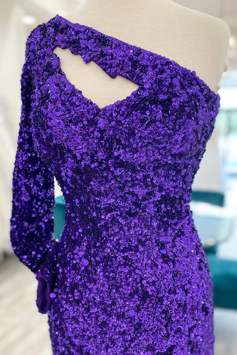 Purple Homecoming Dress Cut Out Open Back One Shoulder Sequin Prom Dress