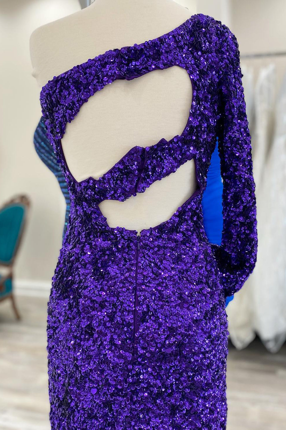 Purple Homecoming Dress Cut Out Open Back One Shoulder Sequin Prom Dress