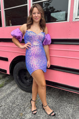 Purple Homecoming Dress Detachable Short Sleeves Tight Short Sequin Prom Dress