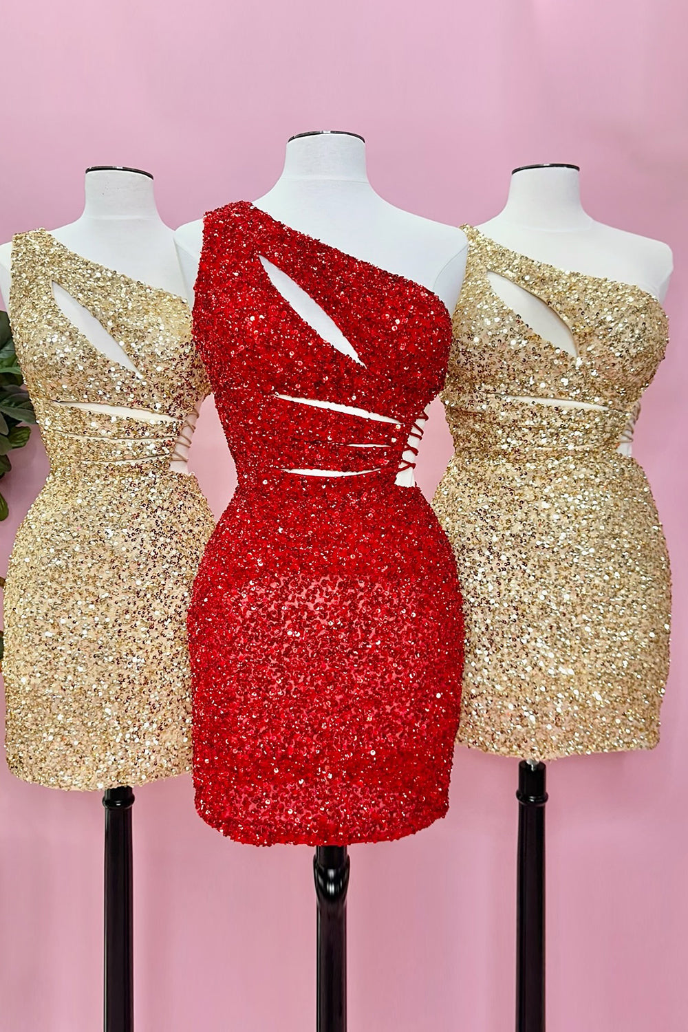 Purple Homecoming Dress One Shoulder Cut Out Sequin Tight Short Cocktail Dresses