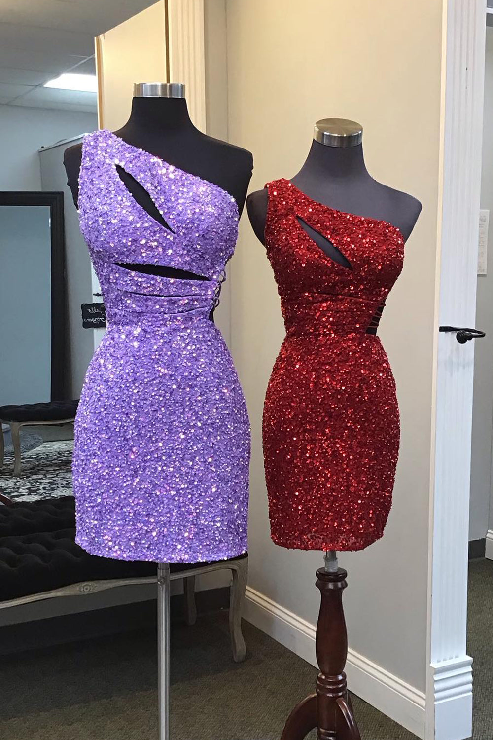 Purple Homecoming Dress One Shoulder Cut Out Sequin Tight Short Cocktail Dresses