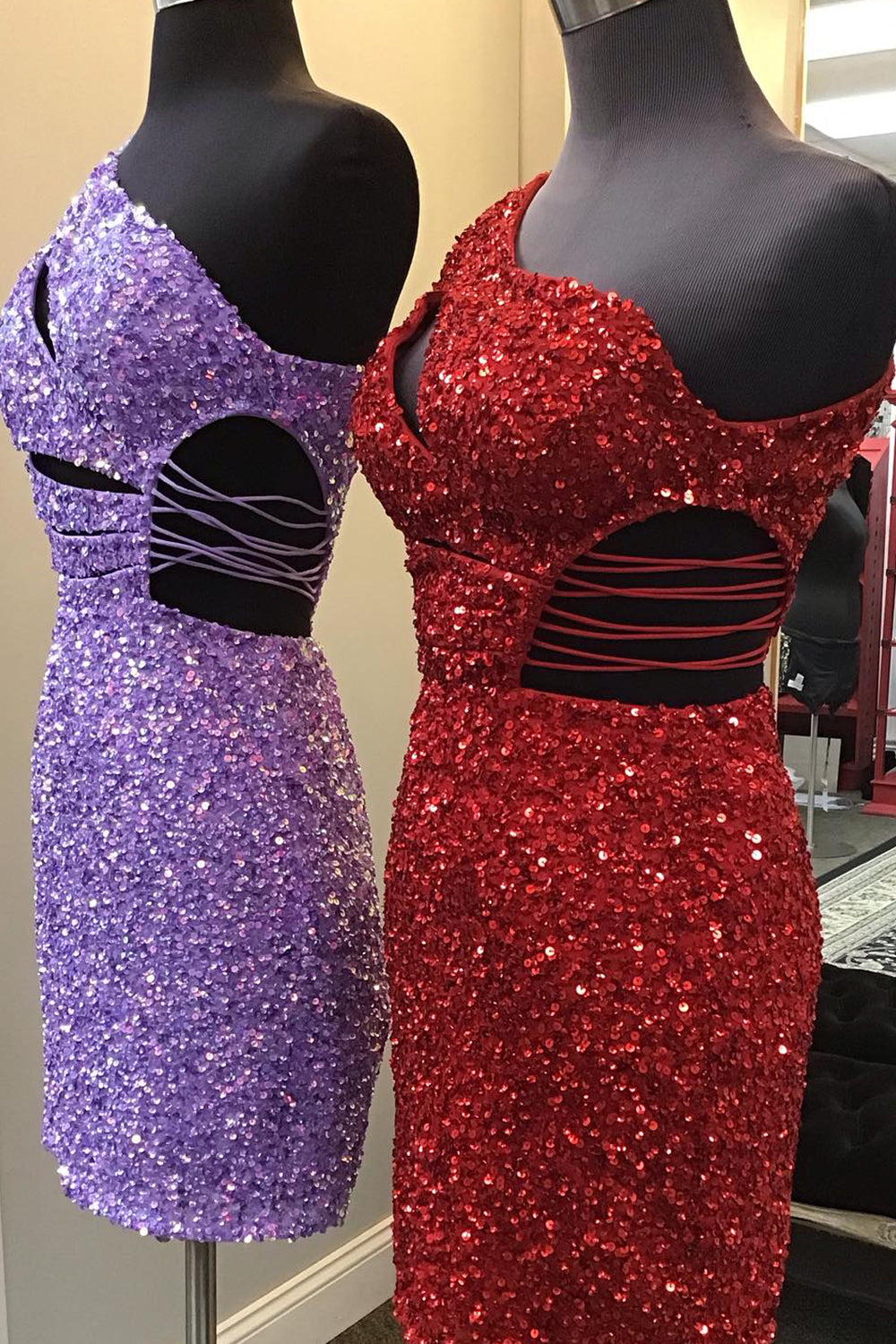 Purple Homecoming Dress One Shoulder Cut Out Sequin Tight Short Cocktail Dresses