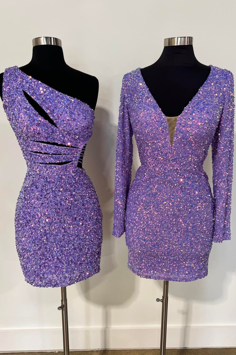 Purple Homecoming Dress One Shoulder Cut Out Sequin Tight Short Cocktail Dresses