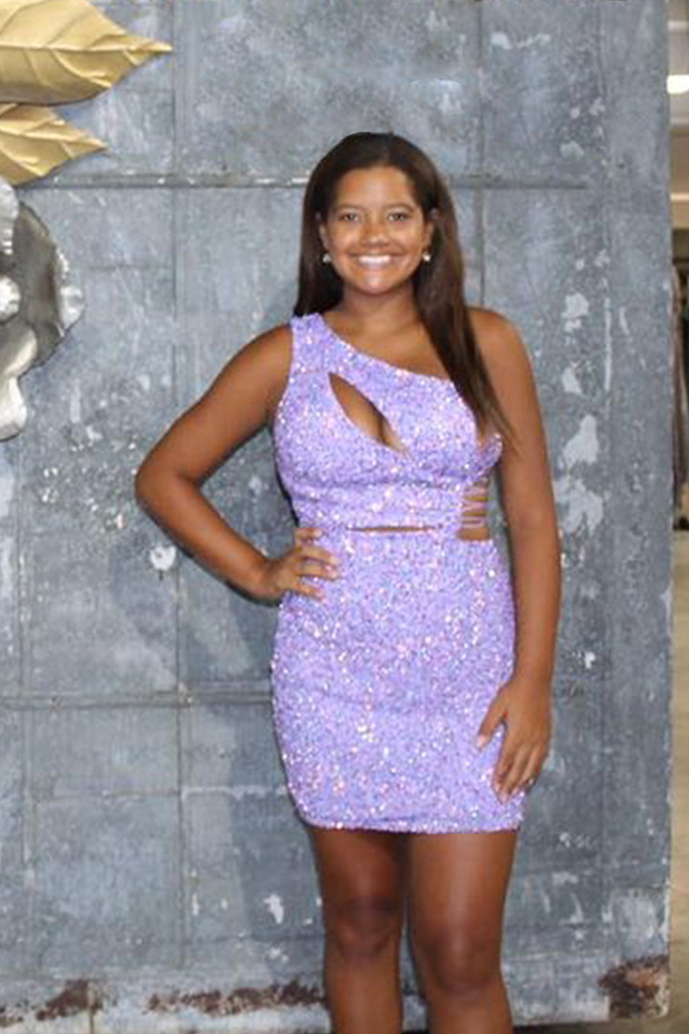 Purple Homecoming Dress One Shoulder Cut Out Sequin Tight Short Cocktail Dresses