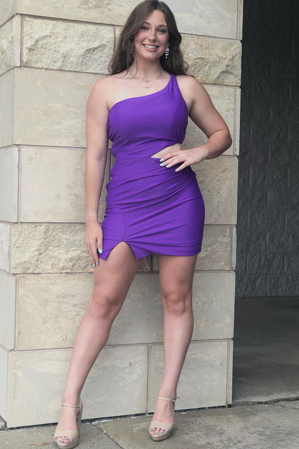 Purple Homecoming Dress One Shoulder Prom Dress With Split Front