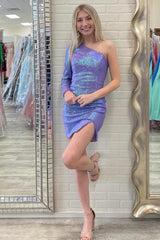 Purple Homecoming Dress Sequin One Shoulder Short Prom Dress with Slit