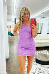 Purple Homecoming Dress Sequin One Shoulder Tight Short Prom Dress