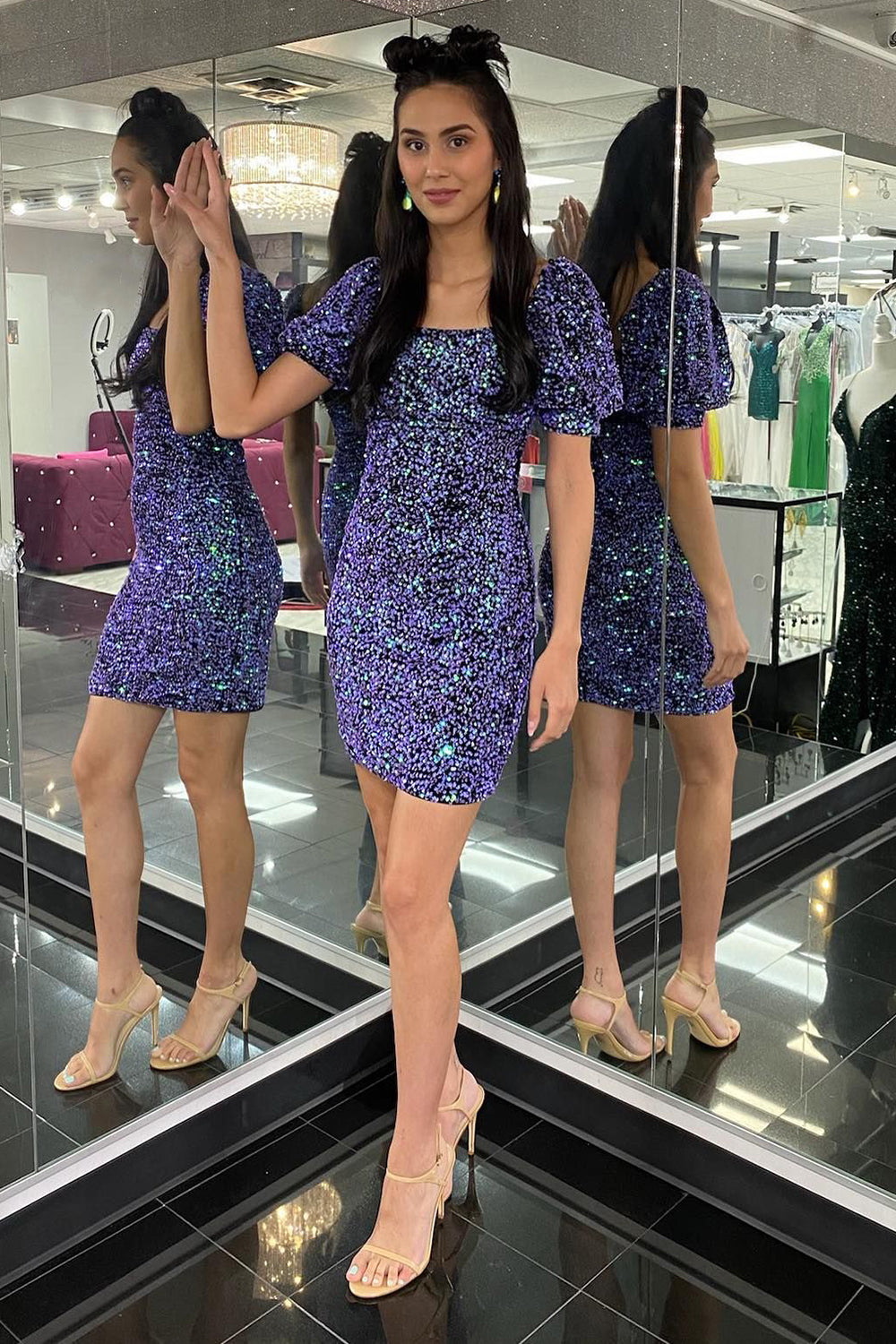 Purple Homecoming Dress Sequin Short Sleeves Tight Prom Dress