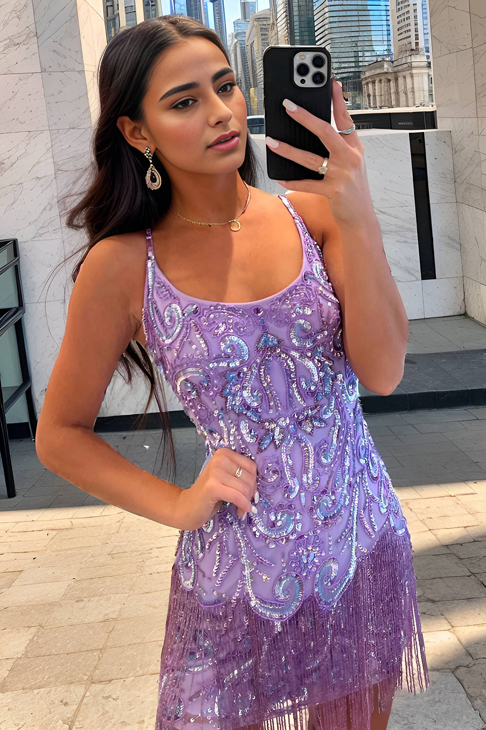 Purple Homecoming Dress Sequin Spaghetti Straps Short Cocktail Dresses with Fringes