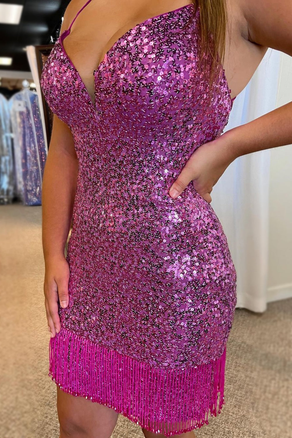 Purple Homecoming Dress Sequin Tight Prom Dress with Fringes