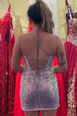 Purple Homecoming Dress Sequined Lace-Up Back Tight Short Prom Dress