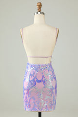 Purple Homecoming Dress Spaghetti Straps Backless Short Tight Cocktail Party Dresses with Sequin