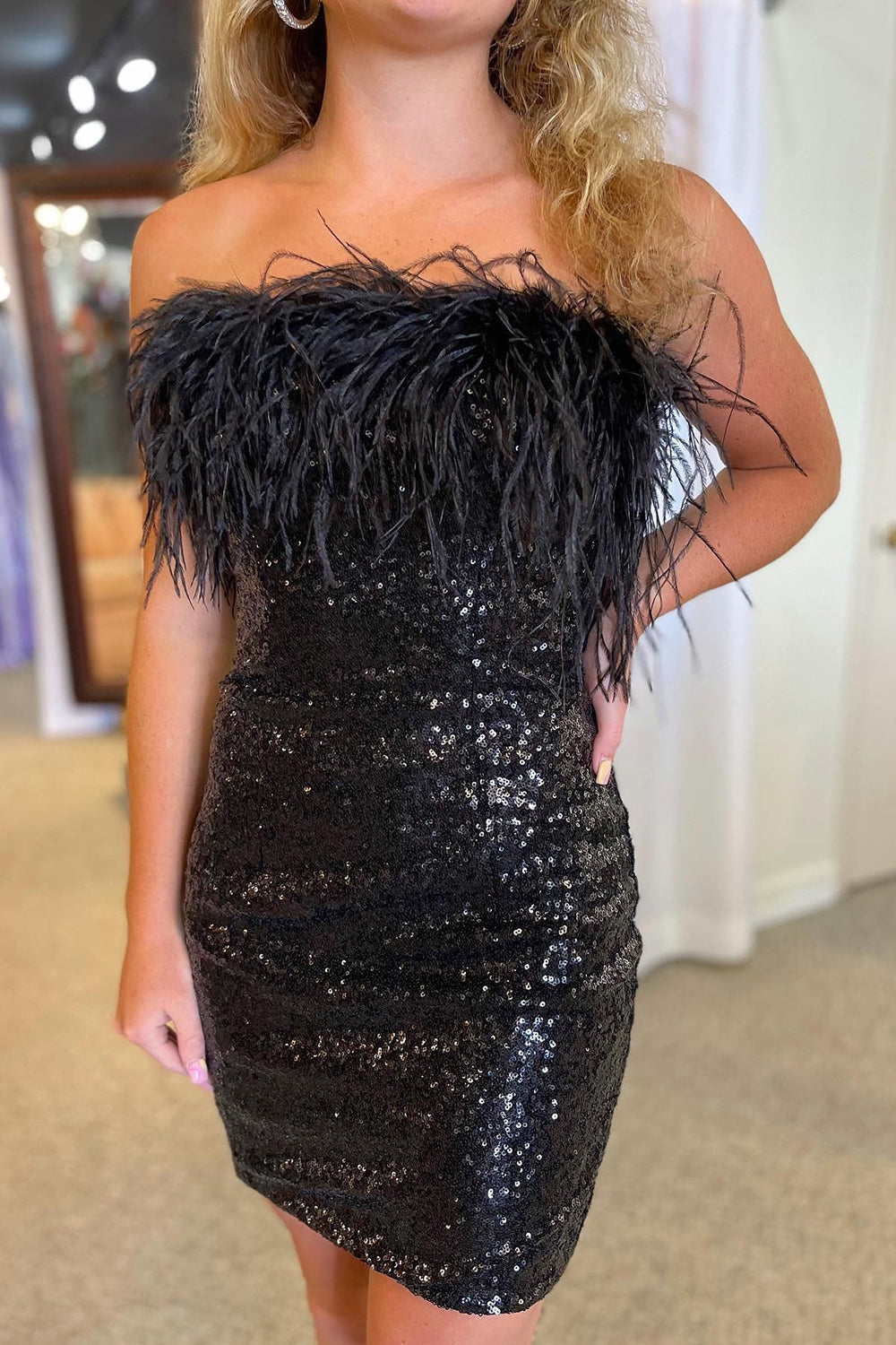 Purple Homecoming Dress Tight Sequin Prom Dress with Feathers