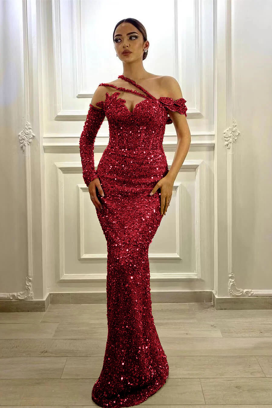 Purple Mermaid Prom Dress Long Sleeve Asymmetric Sequined Formal Dress