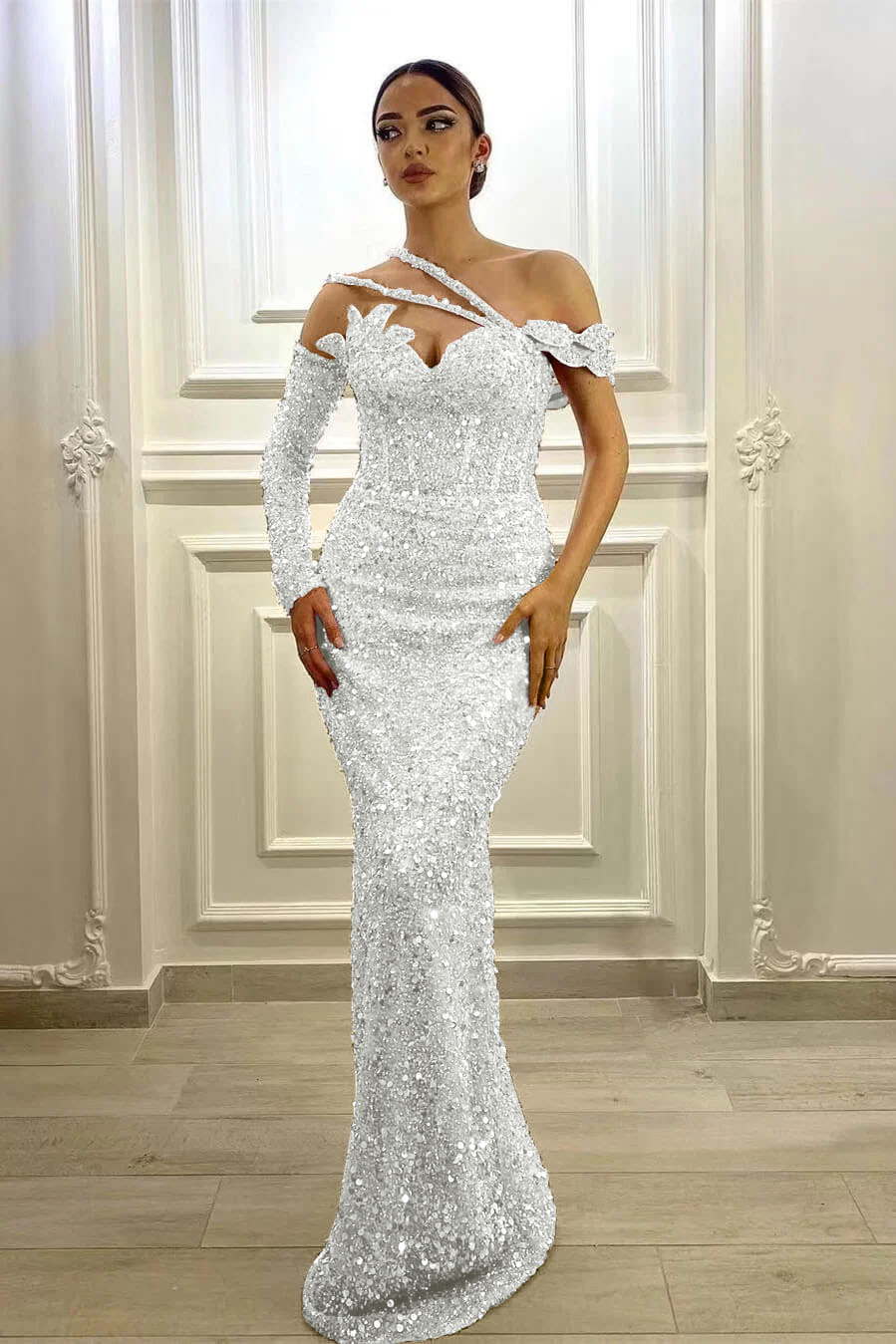 Purple Mermaid Prom Dress Long Sleeve Asymmetric Sequined Formal Dress