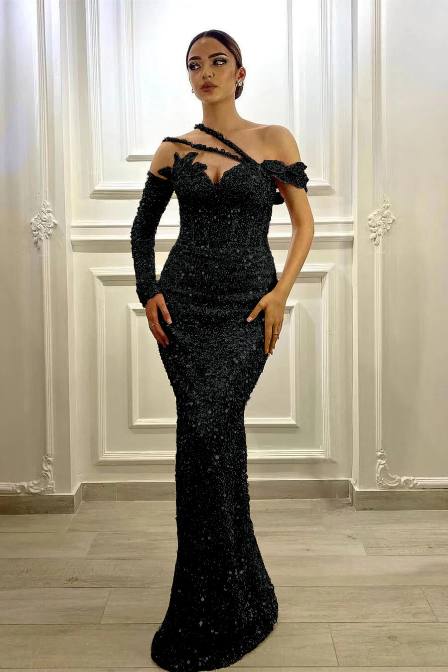 Purple Mermaid Prom Dress Long Sleeve Asymmetric Sequined Formal Dress