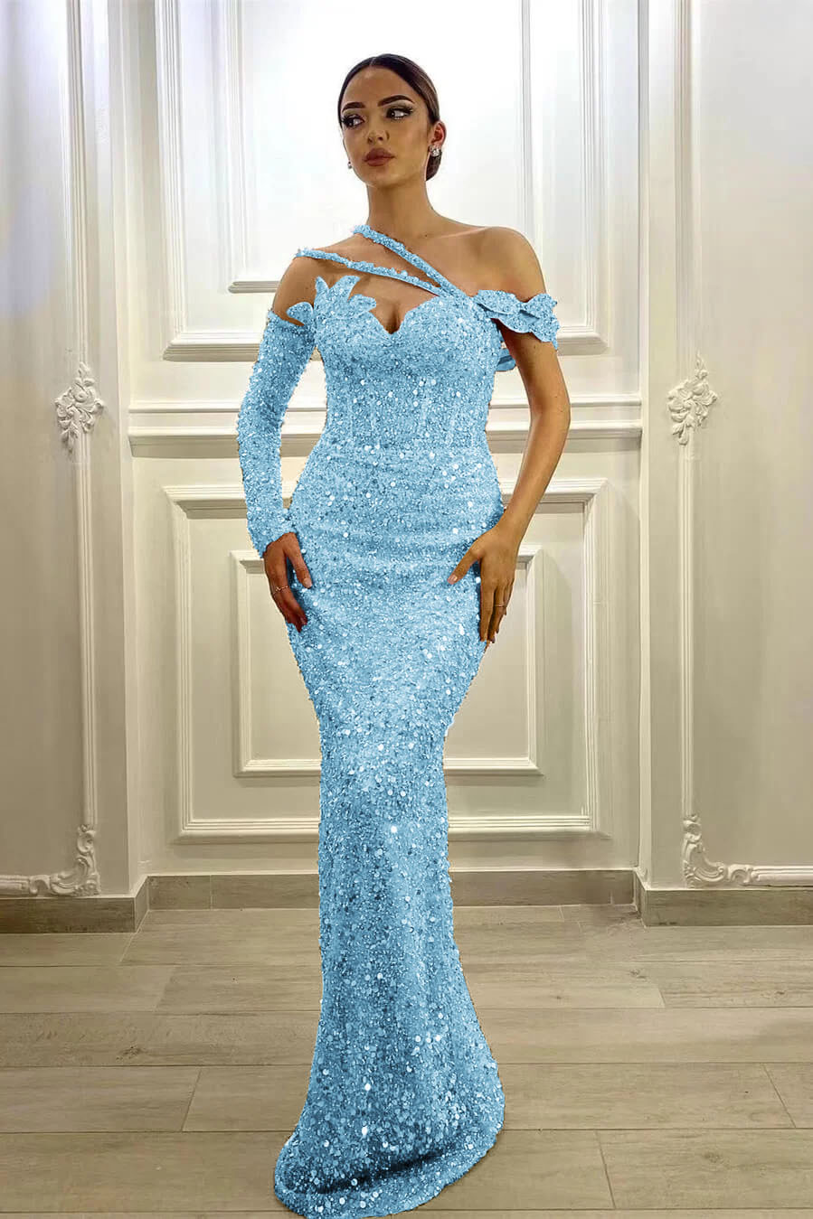 Purple Mermaid Prom Dress Long Sleeve Asymmetric Sequined Formal Dress