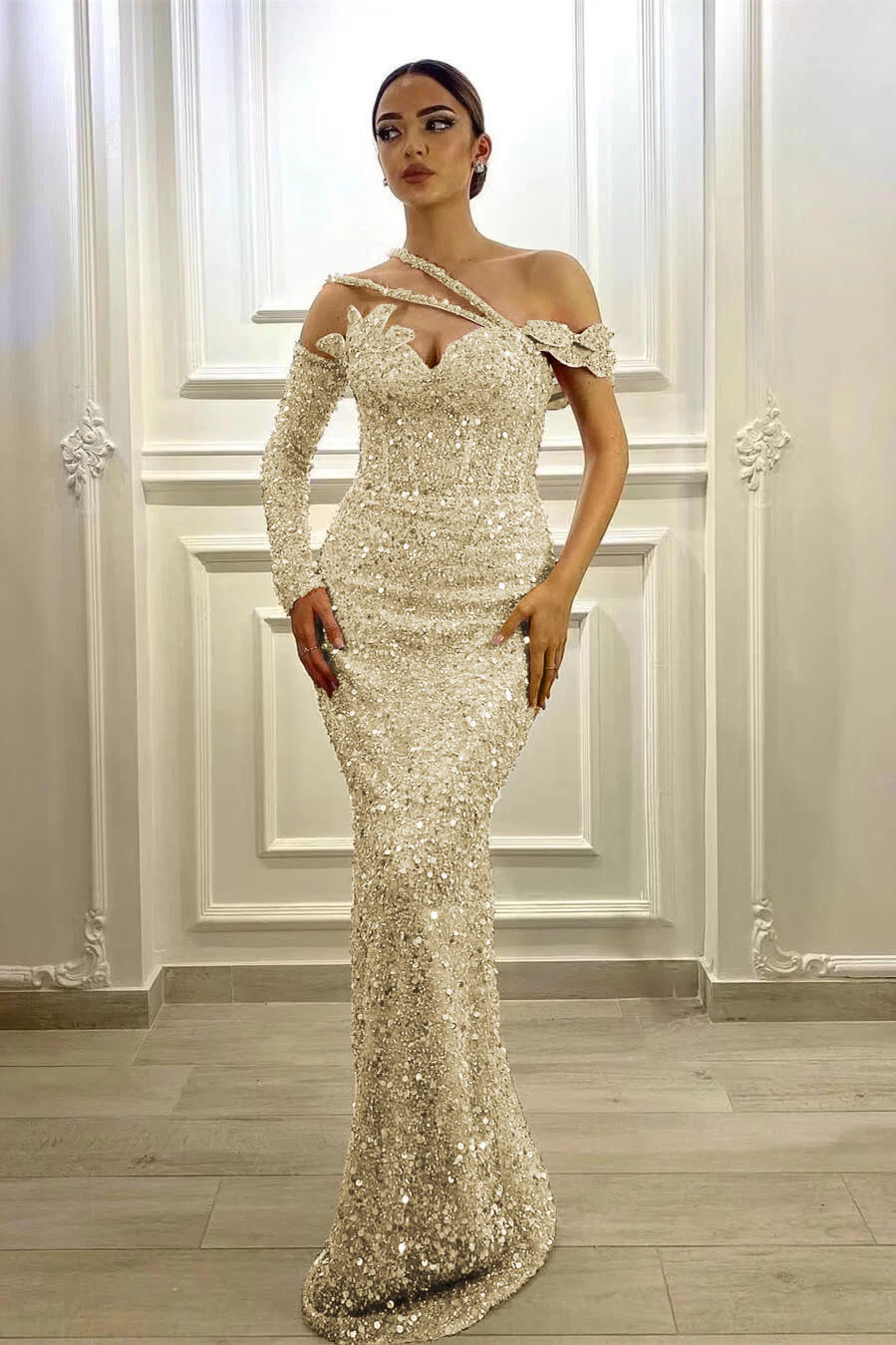 Purple Mermaid Prom Dress Long Sleeve Asymmetric Sequined Formal Dress