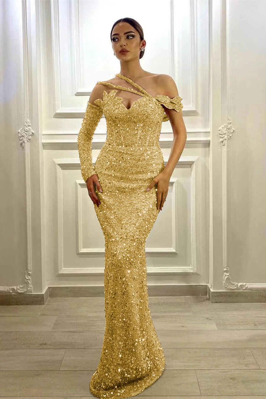 Purple Mermaid Prom Dress Long Sleeve Asymmetric Sequined Formal Dress