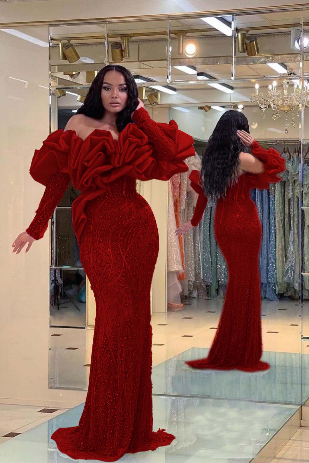 Purple Mermaid Prom Dress Long Sleeve Off the Shoulder Beaded Formal Dress