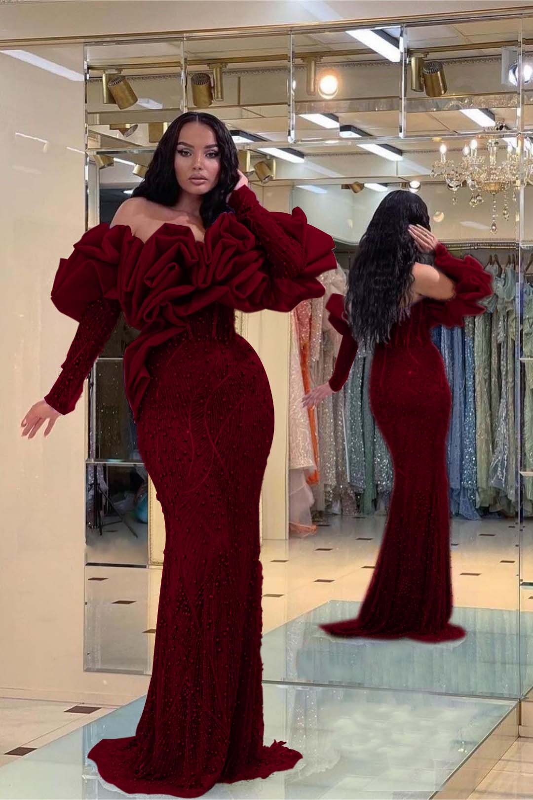 Purple Mermaid Prom Dress Long Sleeve Off the Shoulder Beaded Formal Dress