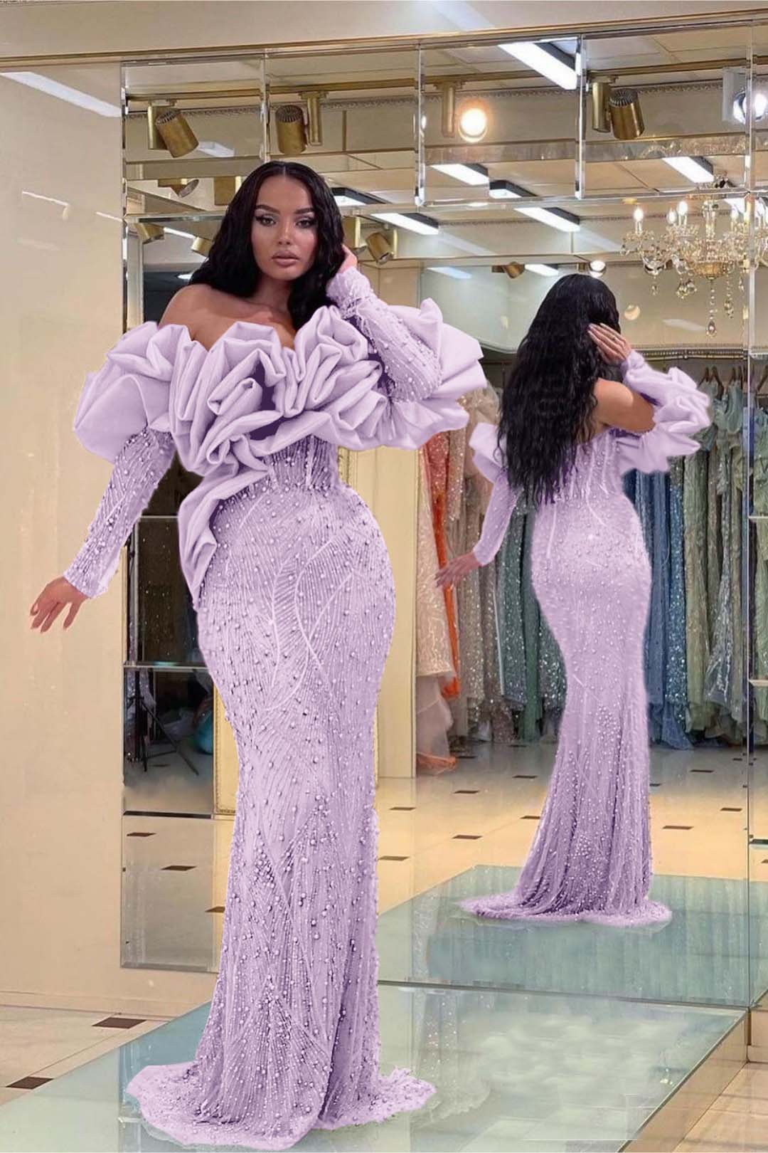 Purple Mermaid Prom Dress Long Sleeve Off the Shoulder Beaded Formal Dress