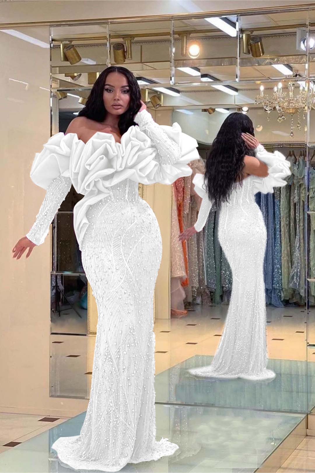 Purple Mermaid Prom Dress Long Sleeve Off the Shoulder Beaded Formal Dress