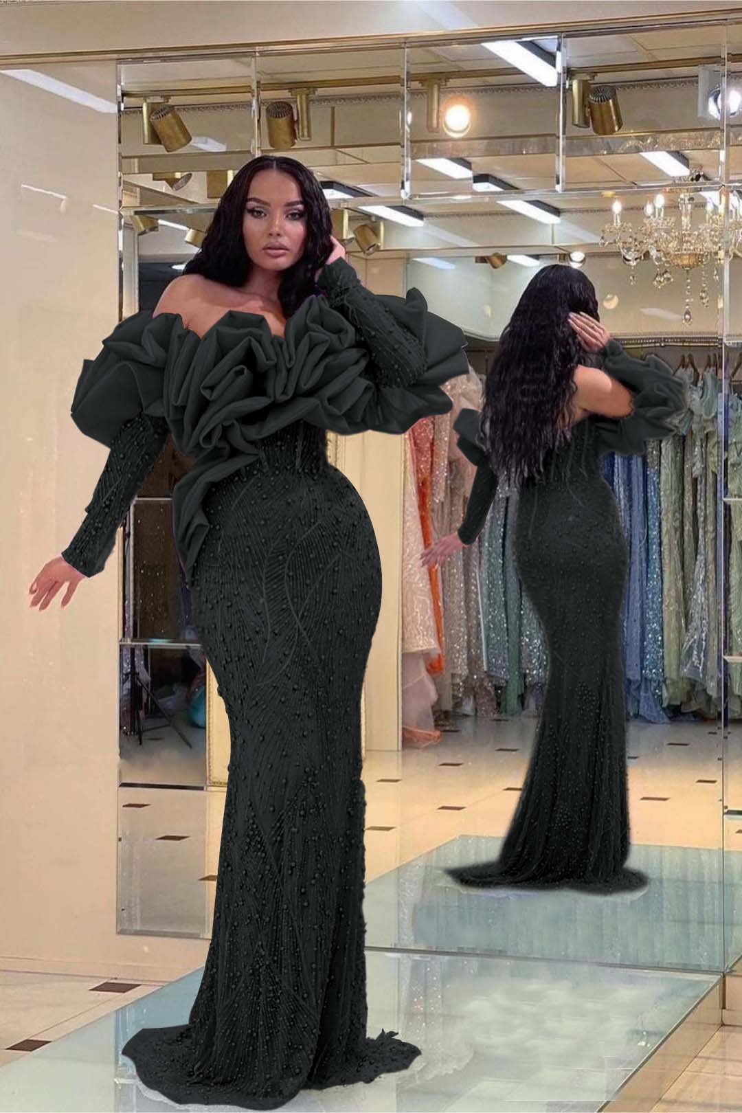 Purple Mermaid Prom Dress Long Sleeve Off the Shoulder Beaded Formal Dress