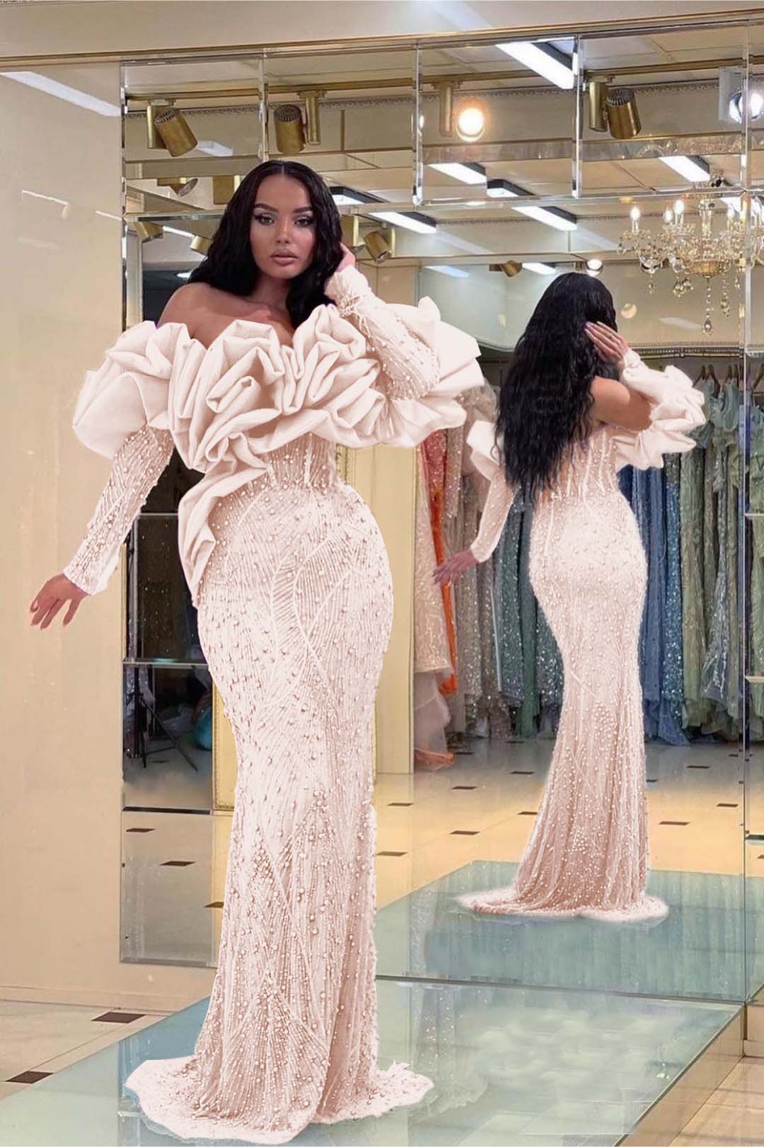 Purple Mermaid Prom Dress Long Sleeve Off the Shoulder Beaded Formal Dress